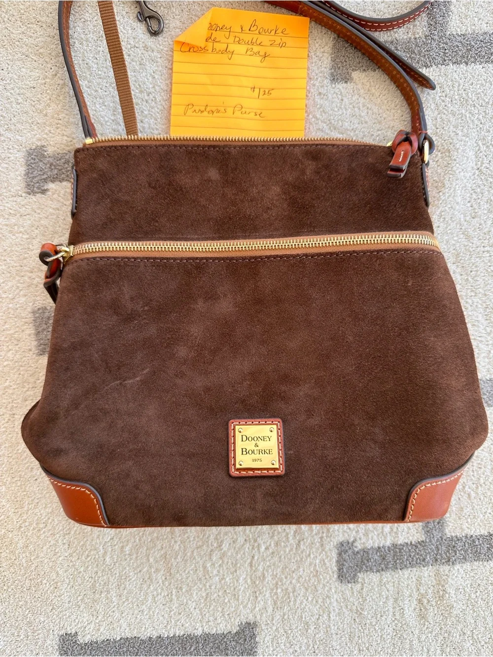 Dooney & Bourke Dark Brown Suede Crossbody Bag with Tan Trim